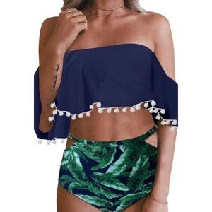 𝅺retro Flounce Tassel Off-shoulder High Waist‎ Bikini.